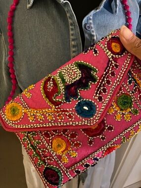 Embroidered Pink Boho Shoulder Bag